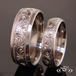Hand Engraved Engagement And Wedding Rings Hand Engraved Wedding Band Set With Deep Scroll Engraving